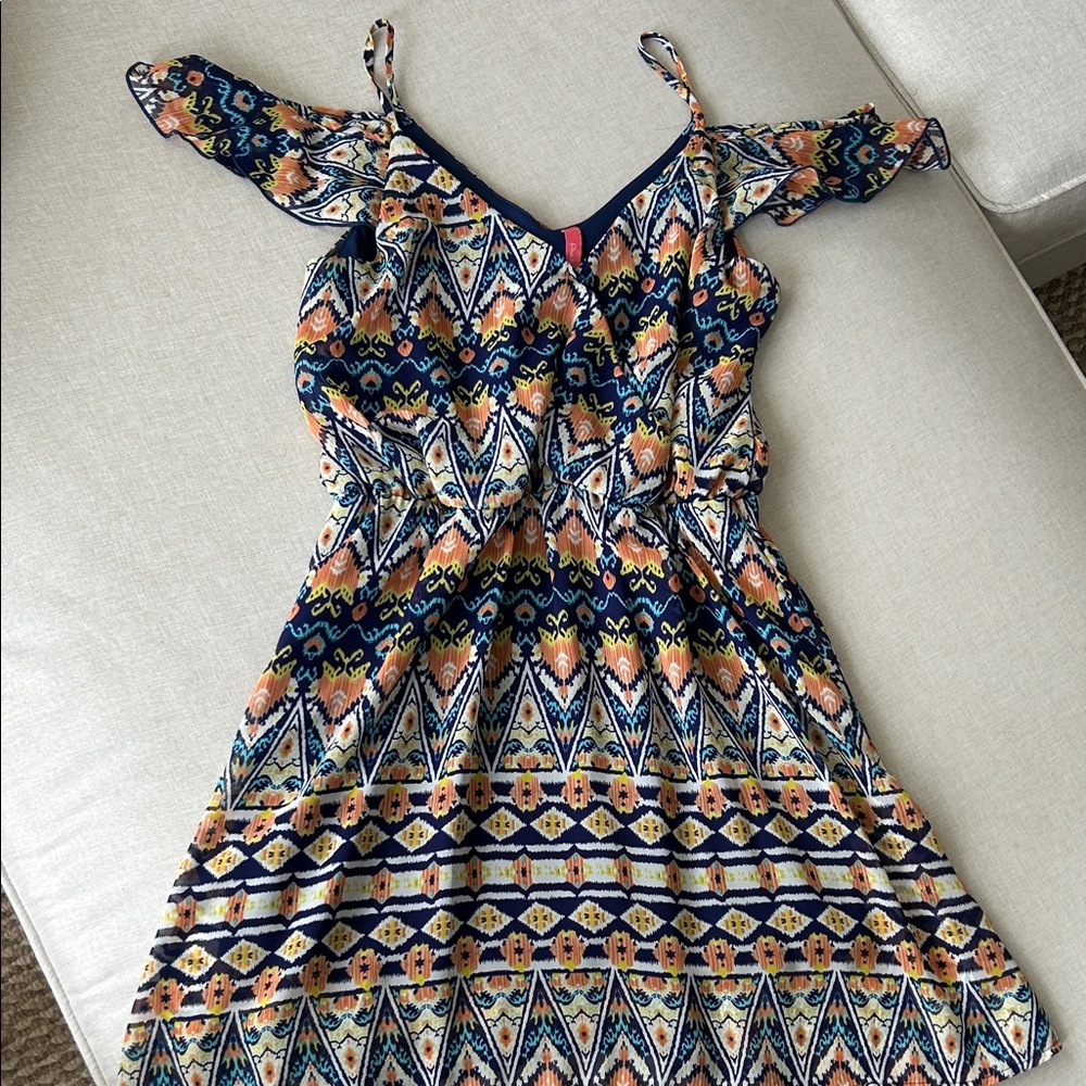 Colorful Patterned Orange and Blue Summer Ruffle Cold Shoulder Mini Dress